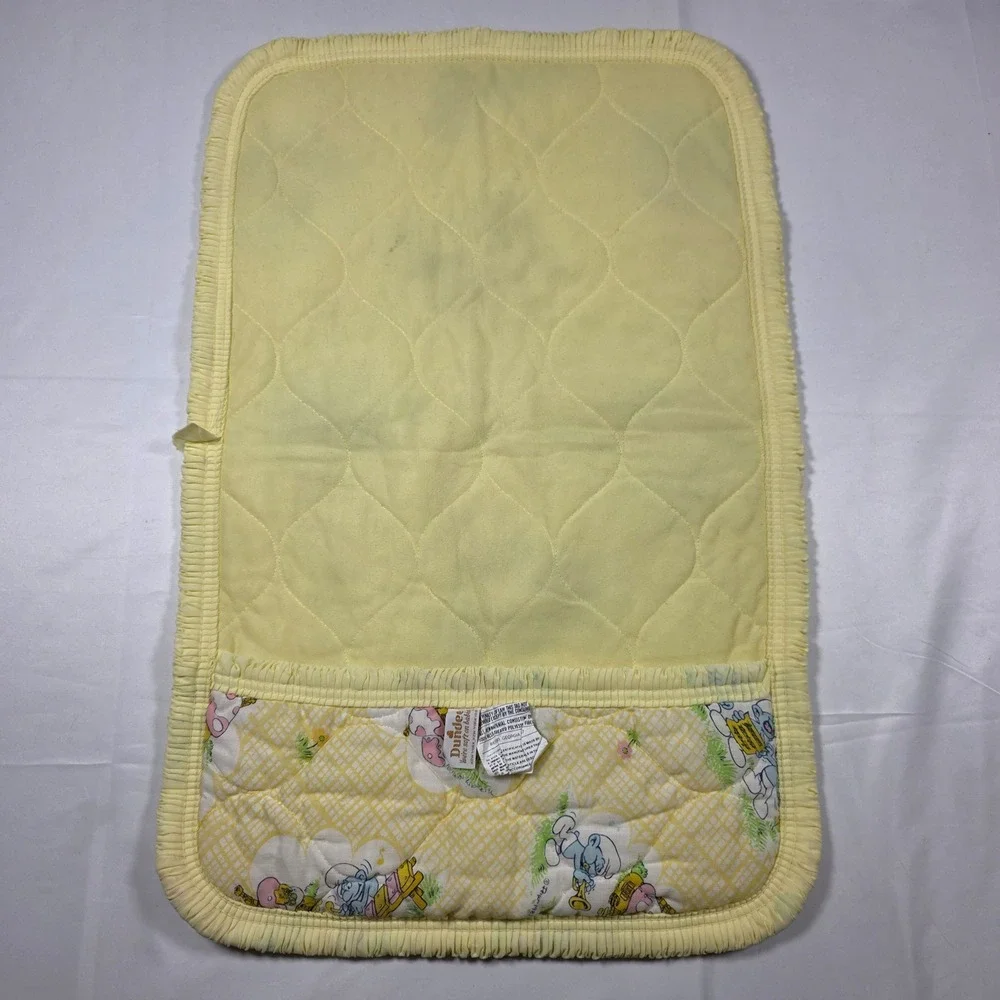 Vintage 1983 Smurfs Quilted Baby Changing Pad Yellow Gingham Dundee 26x15 Pocket